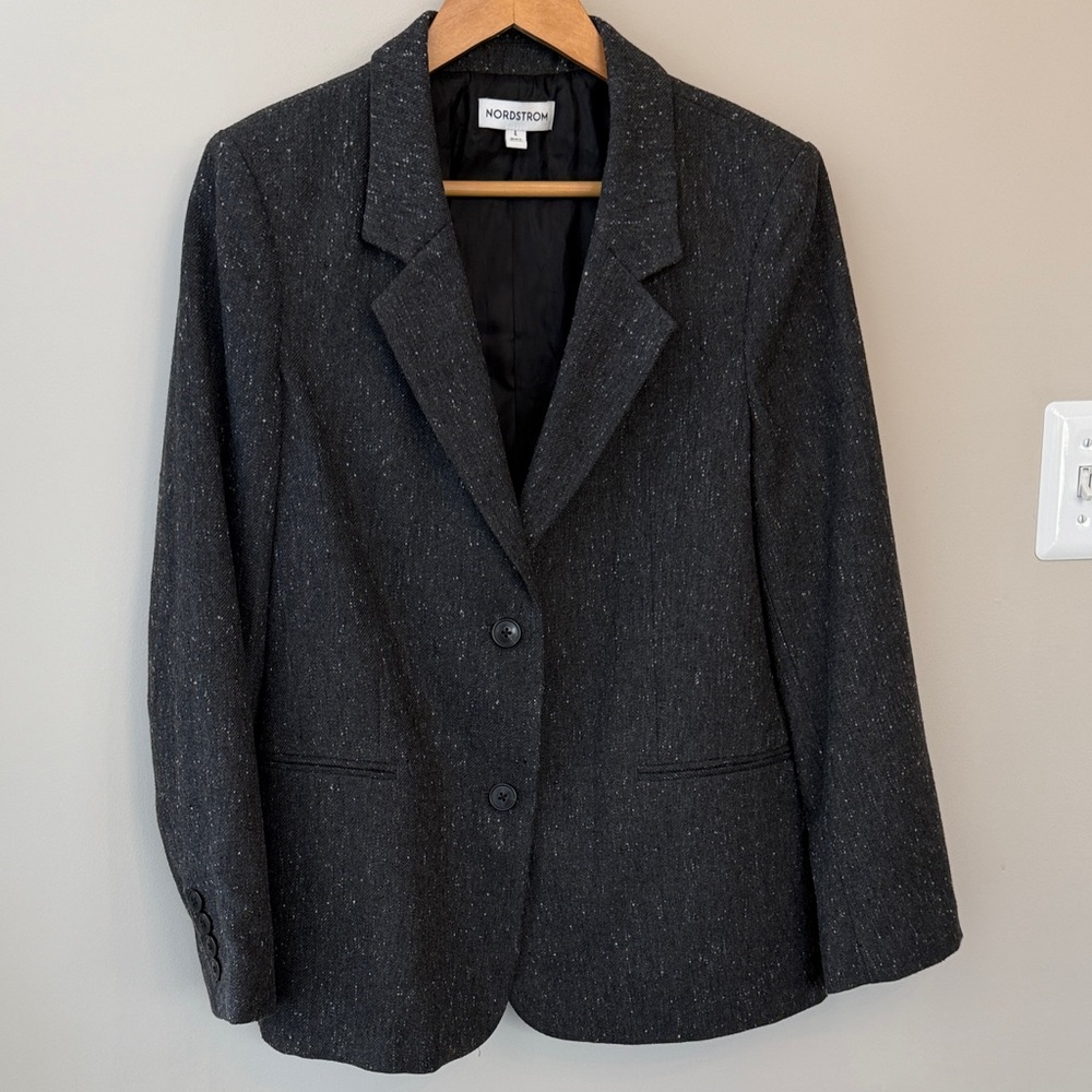 Nordstrom Textured Boyfriend Blazer Size Large Grey Charcoal Speckle Tweed - Picture 2 of 10